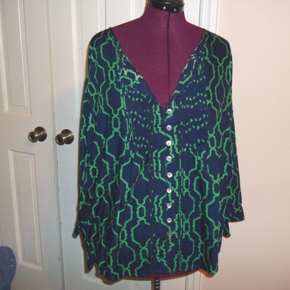 ESCAPADA WOMAN'S SIZE 3X BLOUSE PLEATS LONG SLEEVES EMERALD NAVY MOROCCO PLUS